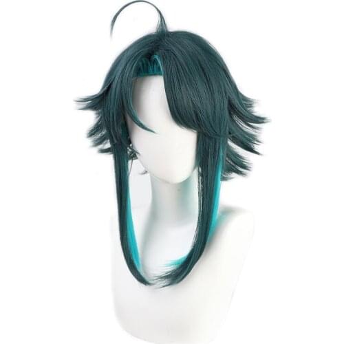 Anime Genshin Impact Xiao Cosplay Wig Mixed Dark Green Blue Short Heat Resistant Hair Adult Halloween Role Play