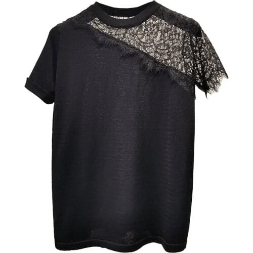 Shintimes Vintage Black Lace Pullovers Women Hollow Out Short Sleeve 2021 Summer Woman Clothes Knitted Elastic Womens Pullovers