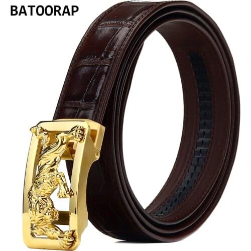 2021Top Brand High-end Crocodile Belly Belt Luxury Designer Mens Belt Brown Domineering Tiger Stainless Steel Automatic Buckle