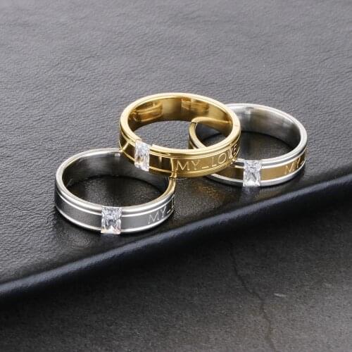 Romantic Engraved Letter MY LOVE Zircon Stone Finger Ring for Couple Gold Silver Color Wedding Band Rings Engagement Jewelry