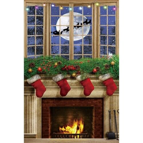 Christmas Backdrop Fireplace Window Moon Santa Claus Photozone Photography Background Vinyl Photophones For Photos Shoot Booth