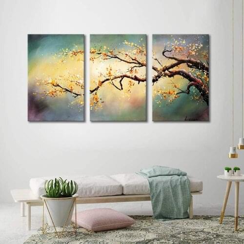 100% Hand Painted Flower Oil Painting On Canvas Yellow Plum Blossom 3Piece Wall Art for Living Room for Home Decoration Unframed