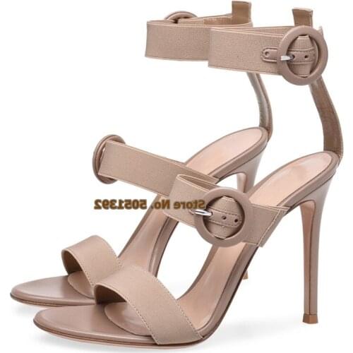 Women Elastic Band High Heeled Sandals Open Toe Plus Buckle Decorations Concise Casual Stiletto Large Size Shoes