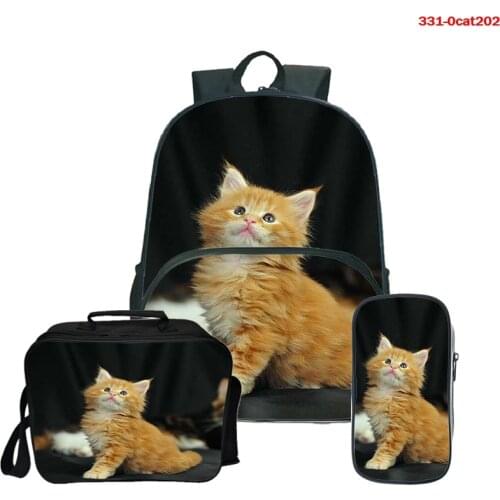 Cute Cat 3d Print Girls Student Schoolbag 3Pcs/Set School Bags for Kids Large 3D Printing Backpack Lunch Bag Pen Bag Book Bags