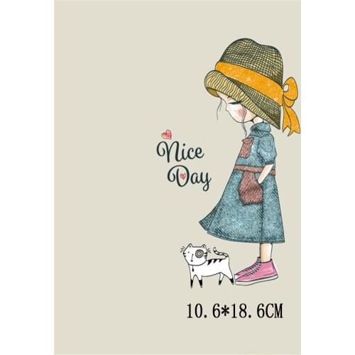 Washable Cute Girl Heat Transfer NICE DAY Patch Ironing Stickers Iron On Patches A-plus Appliques 10.6*18.6cm