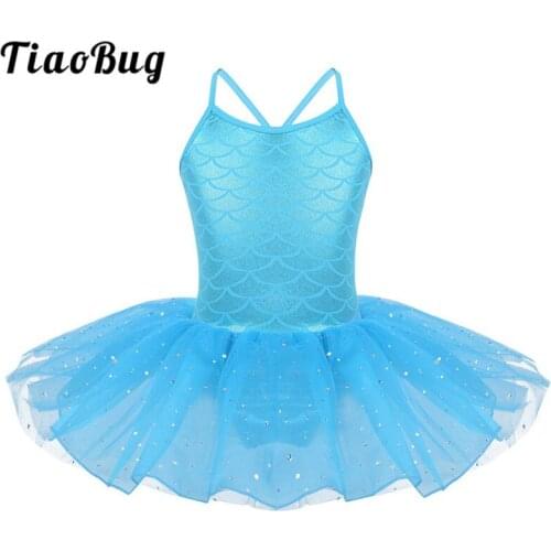 TiaoBug Kids Sparkly Scale Pattern Mermaid Costume Gymnastics Leotard Girls Mesh Tutu Ballet Dress Ballerina Party Dance Wear