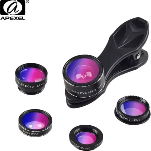 APEXEL Universal Clip 5 in 1 Fish Eye Wide Angle Macro 2X Telephoto CPL Mobile Phone Lens For iPhone Samsung Xiaomi Phones DG5