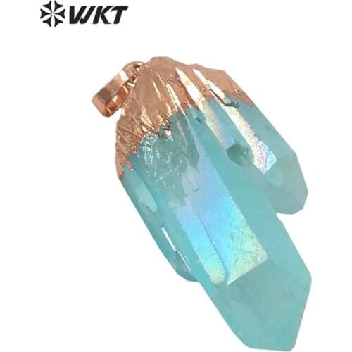 WT-P1610 Amazing light Aqua aura crystal pendant women fashion rose gold spirit quartz point Aqua stone pendant in natural