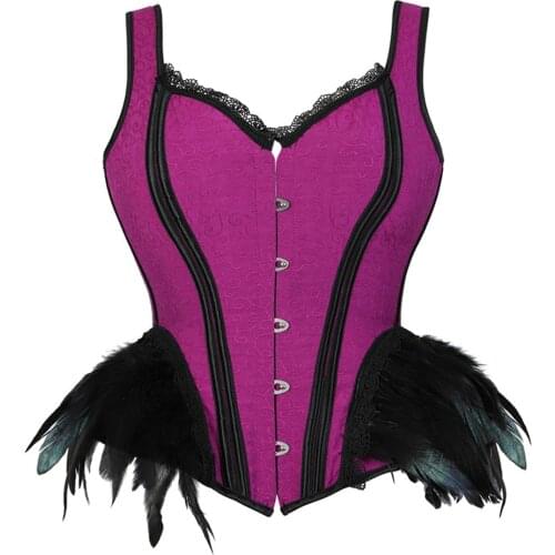 Victorian Gothic Feather Jacquard Wide Straps Boned Body Shaper Overbust Corset for Womens Waist Cincher Bustier Halter Lingerie