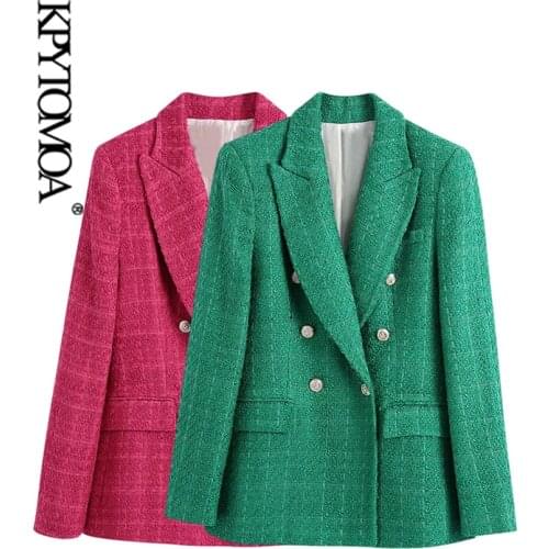 KPYTOMOA Women 2021 Fashion Double Breasted Tweed Green Blazer Coat Vintage Long Sleeve Flap Pockets Female Outerwear Chic Veste