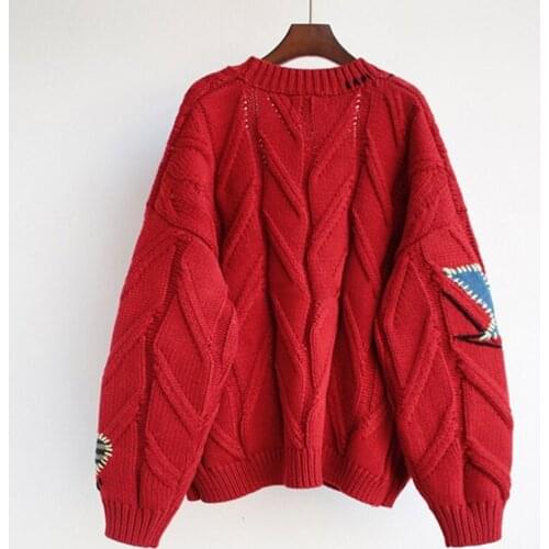 Women Autumn Crochet Knitted Cardigan Long Sleeve Colorful Buttons Sweater Coat Letters Embroidery Vintage Patches Loose