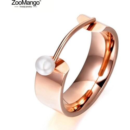 ZooMango Original Design Simulated Pearl Rose Gold Color Ring Jewelry Titanium Steel Engagement Wedding Rings For Women ZR17142