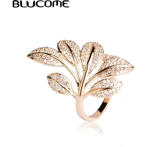 Blucome 2018 Spring Micro Pave Zircon Ring Tree Flower Leaf Shape Rings For Women Copper Gold Color Party Jewelry Anillo Bijoux