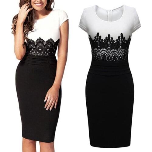 50% Hot Sale Women Sexy Short Sleeve Lace Patchwork Color Block Knee-length Bodycon Temperament Womens Dress