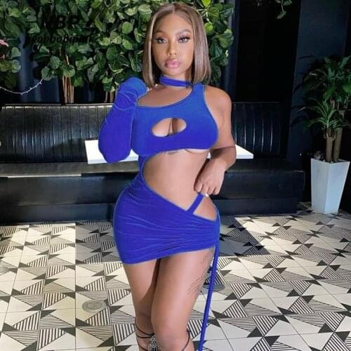 ANJAMANOR Spring 2021 New Fashion Sexy Hollow Out One Sleeve Bodycon Dresses for Women Clubwear Bandage Mini Dress D96-BG22