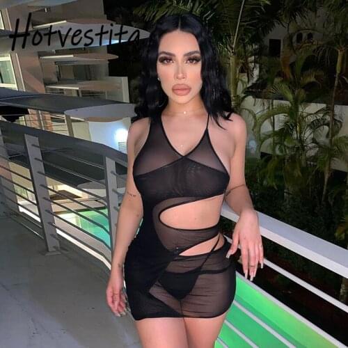 Hotvestita Fashion Sexy Side Hollow Out Slip Dress See Through Mesh Black Bodycon 2021 New Summer Woman Party Club Mini Dresses