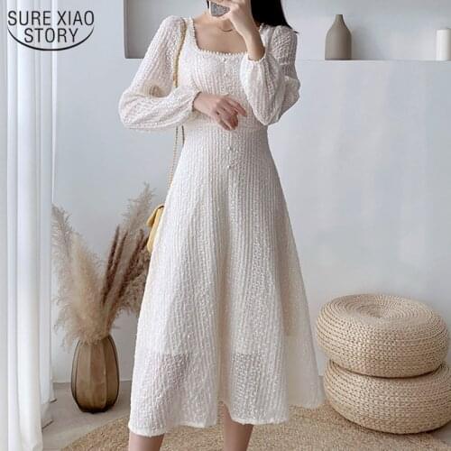 Puff Sleeve Women Dress Spring High Waist Apricot Party Dress French Style Square Collar With Zipper Sweet Vestidos New 12917