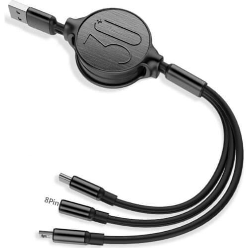 3 in 1 Retractable Micro USB Type-C 3A Fast Charging Cable for iPhone Android Mobile Phone Accessories Over-current Protection