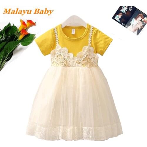 Childrens Girls Dress 2021 Summer New Elegant Girl Lace Flower Mesh Strap Short-Sleeved Princess Dess 2-6 Years Kids Clothing