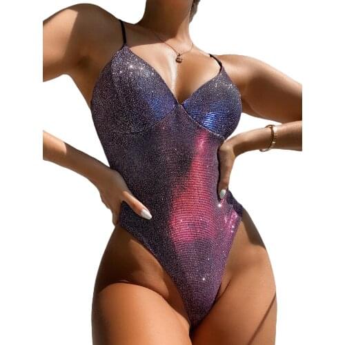 Women Swimwear Sequined Sling Jumpsuit V-Neck Beach 1-Piece Adjustable Thin Shoulder Strap Swimsuit Surfing Wear