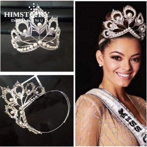 Himstory New Arrival Big Size Miss Universe Same Crown Full Round Adjustable White Pearl Peakcock Feather Tiara Pageant
