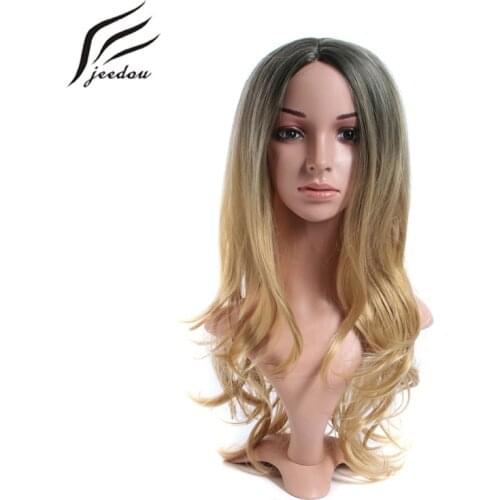 Jeedou Long Wavy Hair Wig Synthetic Black Brown Ombre Color For Women Girls Daily Use Hair Wigs