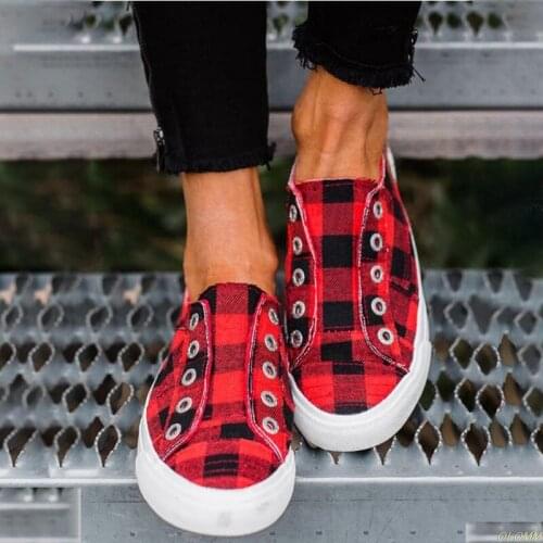 2020 Spring Womens Plaid Canvas Shoes Women Sneakers Casual Woman Vulcanized Shoes Fashion Slip On Flat Platform Ladies Loafers