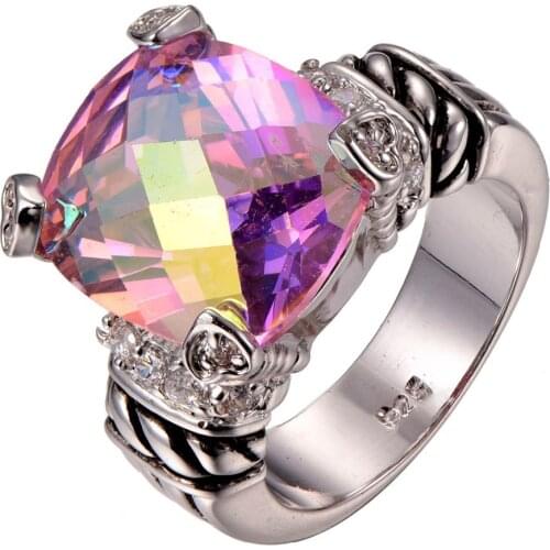Huge Rose Rainbow Crystal Zircon925 sterling silver Fashion Design Ring Size 6 7 8 9 10 F1292