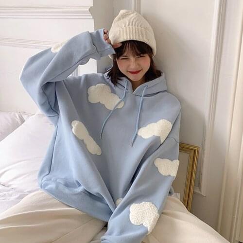 Korean Sweatshirt Women Autumn 2021 Fashion Clouds Pullover Women Plus Velvet Warm Long Sleeve Tops Casual Hoodies Female Roupas