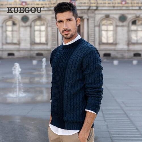 KUEGOU 2020 Autumn 100% Cotton Patchwork Blue Sweater Men Pullover Casual Jumper For Male Brand Knitted Plus Size Clothes 2204