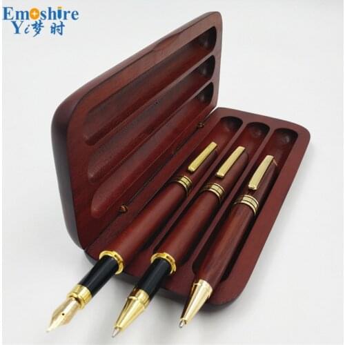 Custom Logo Brand Stationery Three Pcs Roller Ball Pen Fountain Pen BallPoint Pen Wooden Pencil Case With Pencil Box P666