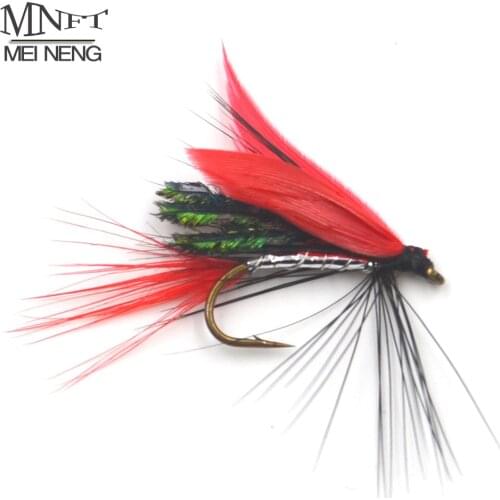 MNFT 10PCS 10# Red Feather Peacock Wing Crazy Fly Trout Lure Fly Fishing Artificial Insect Bait Dry Hook Fly Lures