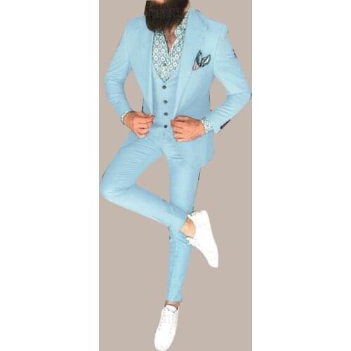 Sky Blue Men Slim Fit Suits 3 Pieces Tailored Oversize Men Blazer Dress Groom Wedding Man Suit Fashion Jacket Vest Pants Set