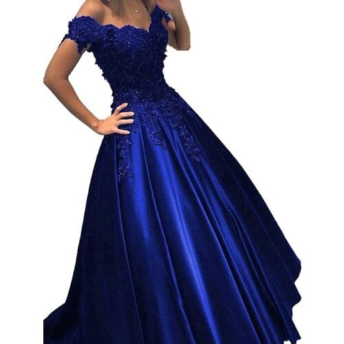 New Royal Blue Ball Gown Cheap Prom Dress Off the shoulder Lace 3D Flowers Beaded Corset Back Satin Evening Formal Dresses Gowns