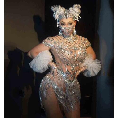 Sexy Mesh Rhinestone TasselJumpsuit Birthday Party Bodysuit Faux Stones Female Singer Team Dance Costume 2021 Pole dance suit