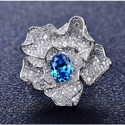 QTT Excellent Flower Design Finger Ring Unusual Jewelry 925 Sterling Silver Jewelry For Women Oval Blue Crystal Ring 2021 New