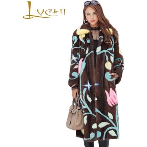 LVCHI 2019 A Mink Coat Women Fashion Show Streetwear Real Natural Luxury Visone Flowers Coats Warm Import American Female Mink