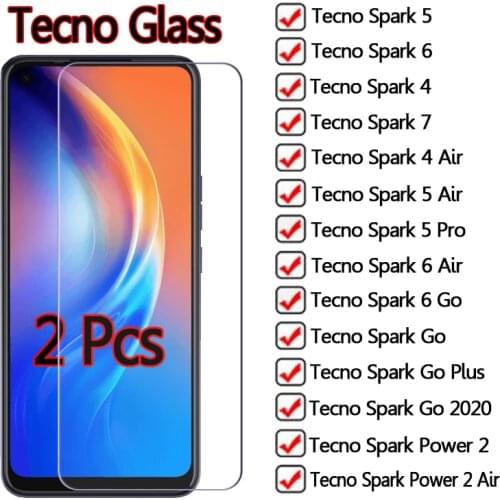2-1Pcs For Tecno Spark 7 5 4 6 Air Go Pro Glass For Tecno Spark Power 2 Air Go Plus 2020 Cover Phone Front Screen Protector Film