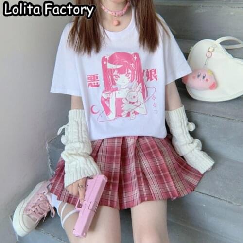 Women Harajuku Kawaii Short Sleeve T-shirt Girl Summer Tops Studend Japanese Evil Tees sweet lolita cosplay Clothes T140
