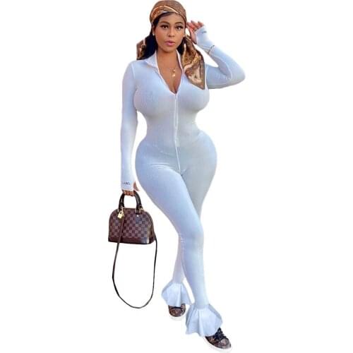 Women Sexy Skinny Nightclub Long Sleeve Romper Turn Down Collar Ribbed Embroidery Letter Zipper Ruffled Sports Jumpsuit Bodysuit