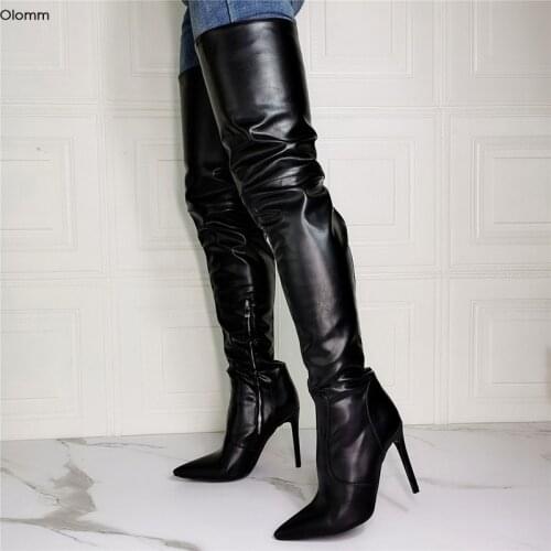 Olomm 2020 Handmade Women Thigh High Boots Sexy Stiletto High Heels Boots Pointed Toe Black Party Shoes Women Plus US Size 5-15
