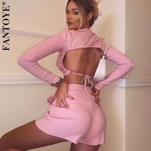 FANTOYE Hot Backless Two Piece Set For Women Set Sexy Long Sleeve Crop Top And Shorts Suits Skinny High Streetwear Ladies Sets