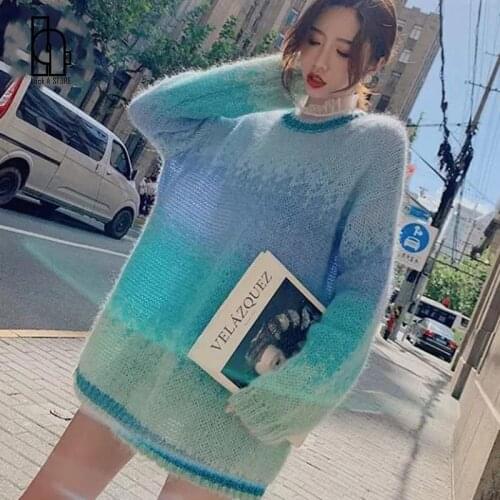 Chic Sweater Women Sweet 2021 Spring Autumn Lazy Dream Soft Milk Blue Gradient Sweater Mohair Wool Top Fuzzy Knitted Jumpers