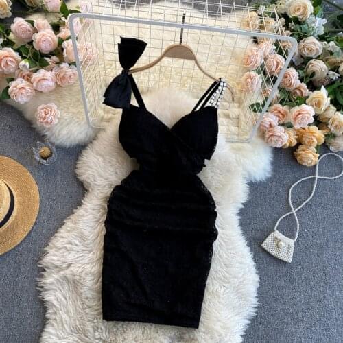 Fashion Sexy Strap Mini Lace Dress Women 2021 Summer Slim Bow V-Neck Sleeveless Ladies Bodycon Club Dresses Black White Sukienka