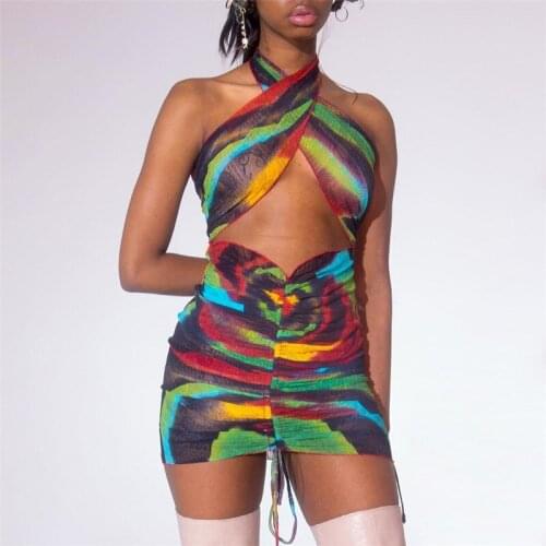 Women Dress Tie-Dyed Halter Neck Sleeveless Backless Hollow Out with Drawstring Ruched for Summer Beach Party Mini Dresses