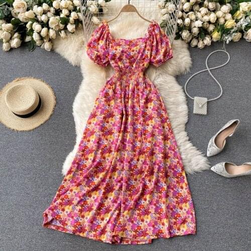 Summer Floral Chiffon Dress Womens French Style Puff Sleeve Waist Short Sleeve Elegant Dress