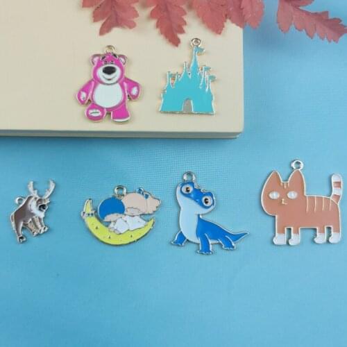 10pcs/pack Cute Cattle Cat Animal Enamel Moon Charms Handmade Craft Metal Charms for Keychains Earring DIY Jewelry Making