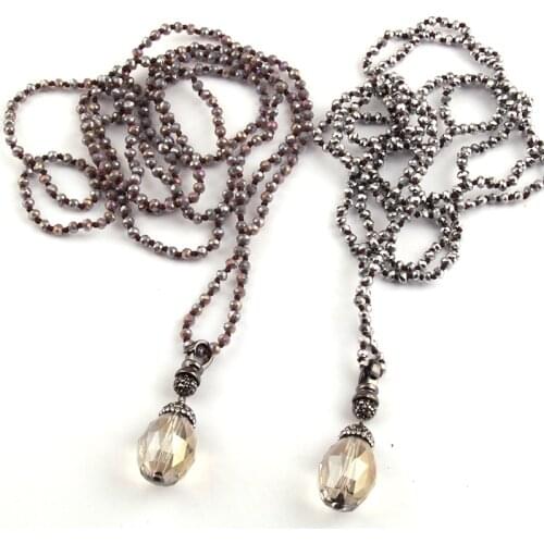 Free Shipping Fashion 4mm Mini Glass Bead Knotted Glass Crystal Drop Pendant Necklaces Women Lariat Necklaces