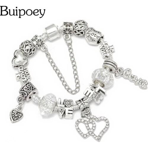 Buipoey Fashion Heart-shaped Charm Bracelets For Women Shiny Crystal LOVE Beaded Original Boy Girls Children Bangle Jewelry Gift