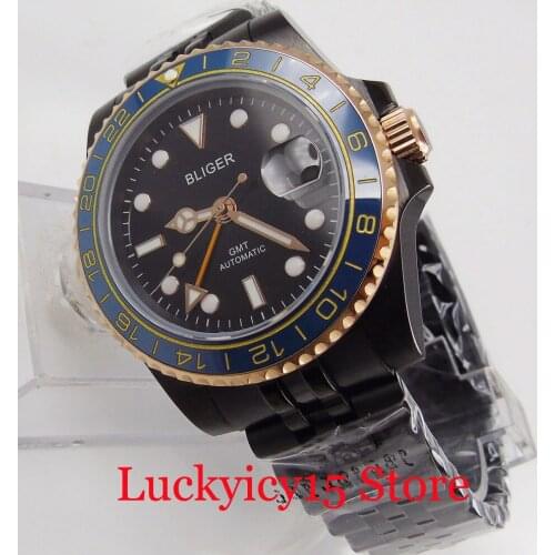 PVD Plated Black Wristwatch 40mm Self Winding Men Watch Sapphire Glass GMT Hand Jubilee Band